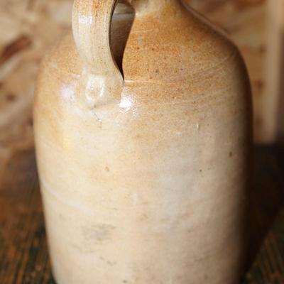 PRIMTIVE GROUPING OF GREEN PAINTED OAK BOX/ J. FISCHER LYONS N.Y STONEWARE JUG/OVOID GREY STONEWARE JUG