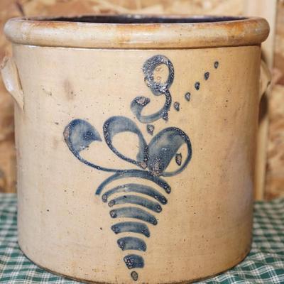 ANTIQUE NEW ENGLAND STONEWARE #3 STONEWARE COBALT BLUE DECORATED CROCK