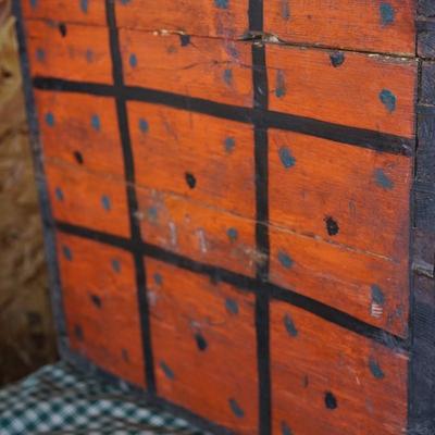 WHIMSICAL  FOLK ART PAINTED PRIMITIVE AMERICANA WOODEN TRUNK OLD ORANGE PAINT W/POLKA DOTS