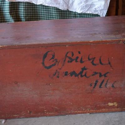 WHIMSICAL  FOLK ART PAINTED PRIMITIVE AMERICANA WOODEN TRUNK OLD ORANGE PAINT W/POLKA DOTS
