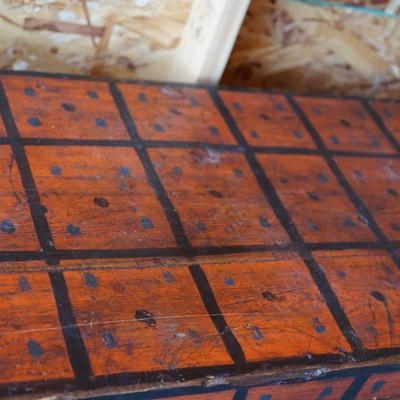 WHIMSICAL  FOLK ART PAINTED PRIMITIVE AMERICANA WOODEN TRUNK OLD ORANGE PAINT W/POLKA DOTS