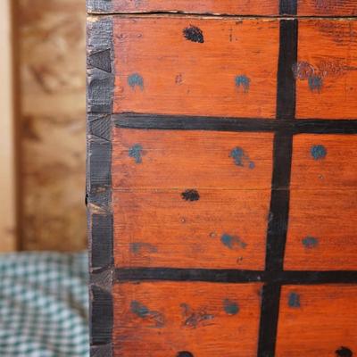WHIMSICAL  FOLK ART PAINTED PRIMITIVE AMERICANA WOODEN TRUNK OLD ORANGE PAINT W/POLKA DOTS