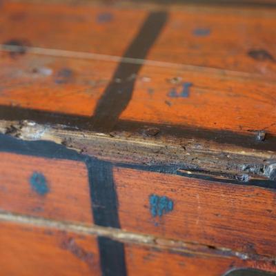 WHIMSICAL  FOLK ART PAINTED PRIMITIVE AMERICANA WOODEN TRUNK OLD ORANGE PAINT W/POLKA DOTS