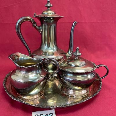 Teapot, cream and sugar, tray