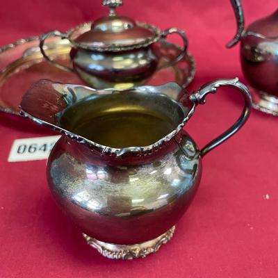 Teapot, cream and sugar, tray