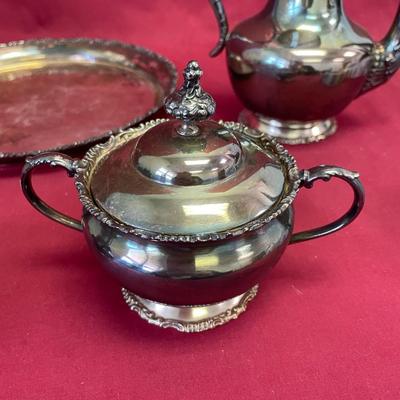 Teapot, cream and sugar, tray