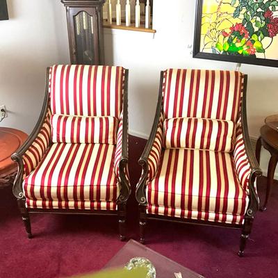 364 Pair of WESLEY HALL Upholstered Striped Arm Chairs