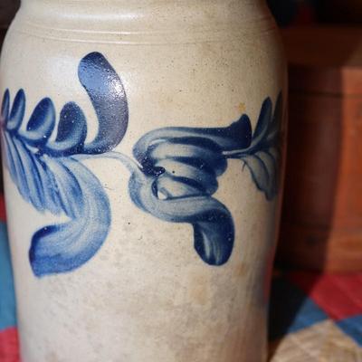 GROUPING OF PRIMITIVES TO INCLUDE SMALL SUGAR FIRKIN, BLUE DECORATED CANNING CROCK , RUSTIC STOOL