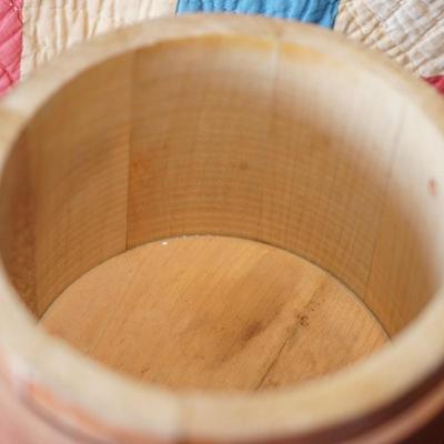 GROUPING OF PRIMITIVES TO INCLUDE SMALL SUGAR FIRKIN, BLUE DECORATED CANNING CROCK , RUSTIC STOOL