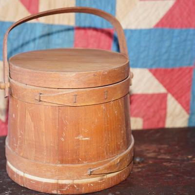 GROUPING OF PRIMITIVES TO INCLUDE SMALL SUGAR FIRKIN, BLUE DECORATED CANNING CROCK , RUSTIC STOOL