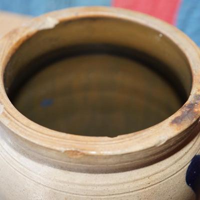 GROUPING OF PRIMITIVES TO INCLUDE SMALL SUGAR FIRKIN, BLUE DECORATED CANNING CROCK , RUSTIC STOOL