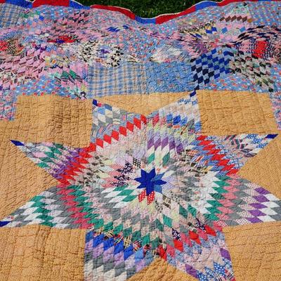 ANTIQUE STAR/ CALICO FABRICS STAR QUILT 6FT BY 6FT HAND STITCHED