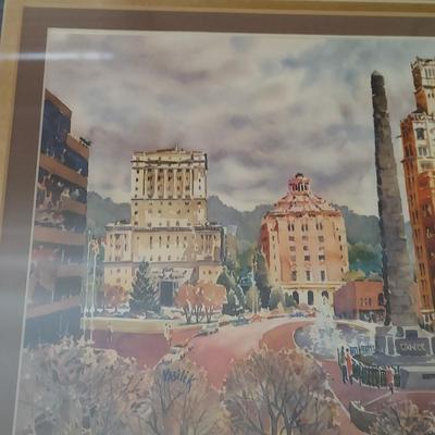 Ann Vasilik Framed Watercolor Prints of Asheville: Biltmore House & Pack Square Park (GB-BBL)