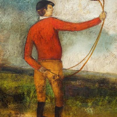 LARGE ORIGINAL VINTAGE ENGLISH EQUESTRIAN   PAINTING - "JOCKEY WITH HORSE" IN PASTURE FROM NEW ENGLAND