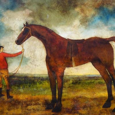 LARGE ORIGINAL VINTAGE ENGLISH EQUESTRIAN   PAINTING - "JOCKEY WITH HORSE" IN PASTURE FROM NEW ENGLAND