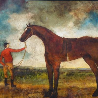 LARGE ORIGINAL VINTAGE ENGLISH EQUESTRIAN   PAINTING - "JOCKEY WITH HORSE" IN PASTURE FROM NEW ENGLAND