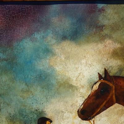 LARGE ORIGINAL VINTAGE ENGLISH EQUESTRIAN   PAINTING - "JOCKEY WITH HORSE" IN PASTURE FROM NEW ENGLAND