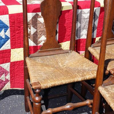 ANTIQUE  OAK QUEEN ANNE STYLE CHAIRS W/RUSH SEATS (4)