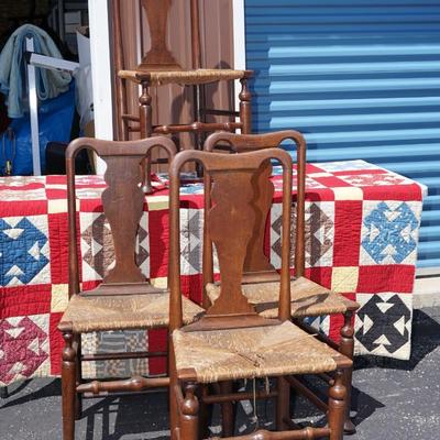 ANTIQUE  OAK QUEEN ANNE STYLE CHAIRS W/RUSH SEATS (4)