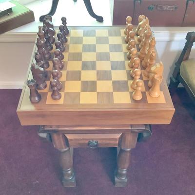 Lot 426  Vintage Wooden Chess/Checkers Set & Small Drop-Leaf Table