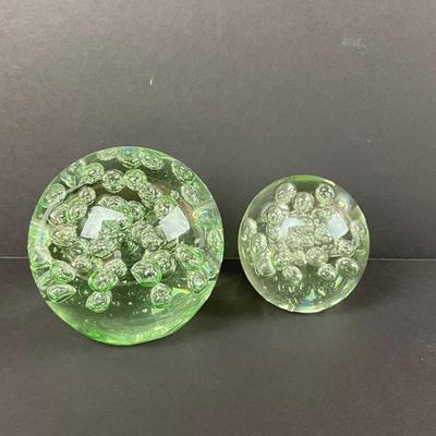 447 Two Glass Bubble Paperweights Decor