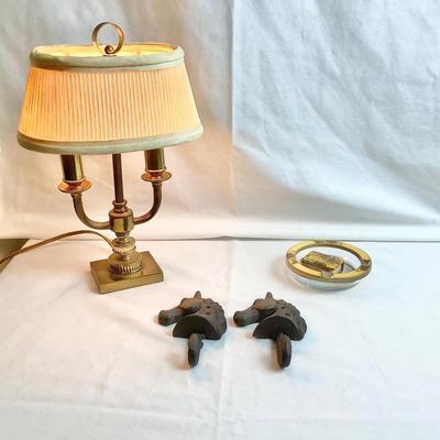 Lot 429. Small Brass Desk Lamp, Pair of Cast Iron Horse Hooks, Small Glass Ash Tray with Floral Decorative Trim and Matching Match Case