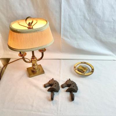 Lot 429. Small Brass Desk Lamp, Pair of Cast Iron Horse Hooks, Small Glass Ash Tray with Floral Decorative Trim and Matching Match Case