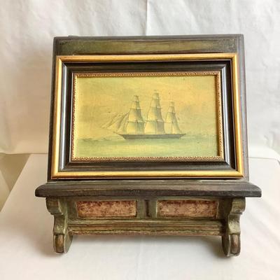 Lot 434 Vintage Style Global Views Book Stand & Vintage Style Framed Print of Ship on Canvas