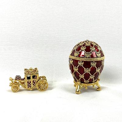 461 Vintage Faberge Style Enameled Egg with Coach Box, Faberge Plates, & Book