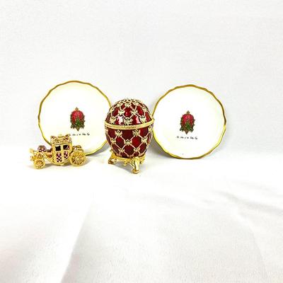 461 Vintage Faberge Style Enameled Egg with Coach Box, Faberge Plates, & Book