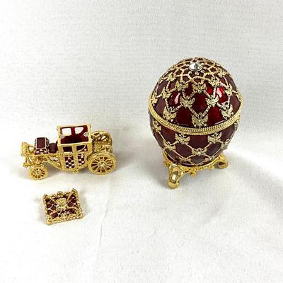 461 Vintage Faberge Style Enameled Egg with Coach Box, Faberge Plates, & Book