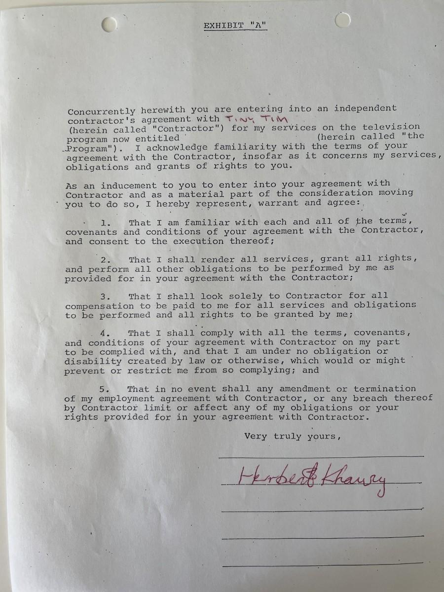 Herbert Butros Khaury "Tiny Tim" signed contract