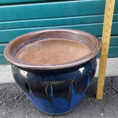 Nice 14" Blue and Black Clay Plant pot holds a 12" Plant