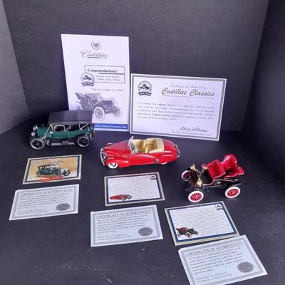 Three Cadillac Classics Die Cast Car Set Each with COA