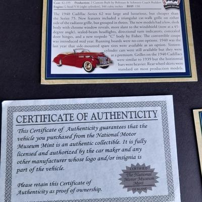 Three Cadillac Classics Die Cast Car Set Each with COA