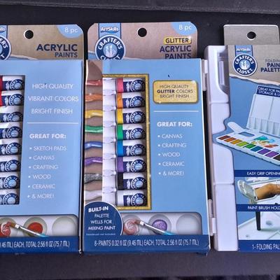 Two 8-piece Acrylic Paints 8 Vibrant colors and 8 Glitter with a folding paint palette