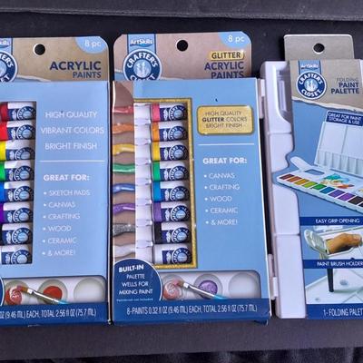 Two 8-piece Acrylic Paints 8 Vibrant colors and 8 Glitter with a folding paint palette