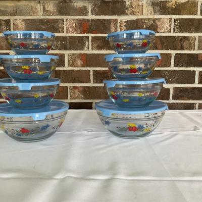 2 Sets of 5 Vintage Stackable Glass Bowls with Lids