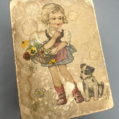 Antique German Music Musical Box Girl with Dog