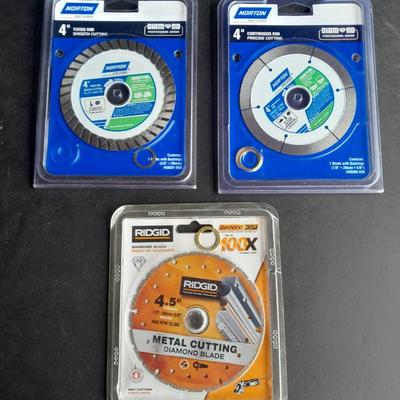 Two new Norton Diamond 4" circular Blades and one new Ridgid Diamond cut 4.5" Metal Cutting blade