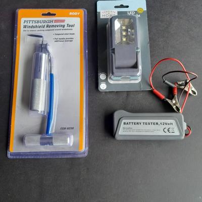Pittsburgh Windshield removing tool, LED work light, and a 12 volt battery tester