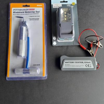 Pittsburgh Windshield removing tool, LED work light, and a 12 volt battery tester