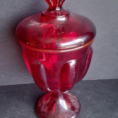 Red Glass collection, lidded candy dish, bowl, two Oshkosh Paragon candle votives, and more