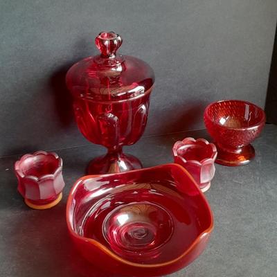 Red Glass collection, lidded candy dish, bowl, two Oshkosh Paragon candle votives, and more
