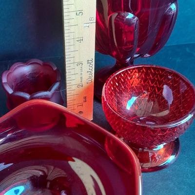 Red Glass collection, lidded candy dish, bowl, two Oshkosh Paragon candle votives, and more