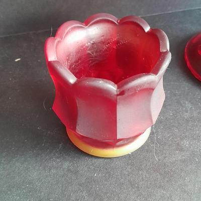 Red Glass collection, lidded candy dish, bowl, two Oshkosh Paragon candle votives, and more