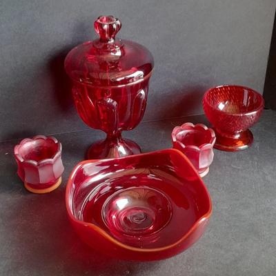 Red Glass collection, lidded candy dish, bowl, two Oshkosh Paragon candle votives, and more