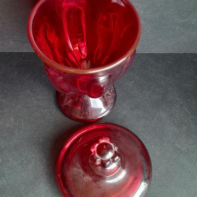 Red Glass collection, lidded candy dish, bowl, two Oshkosh Paragon candle votives, and more