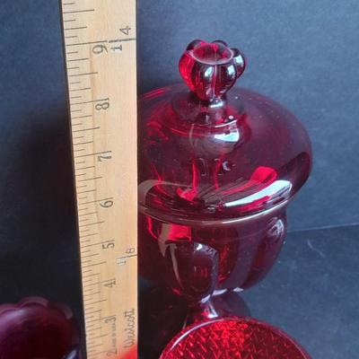 Red Glass collection, lidded candy dish, bowl, two Oshkosh Paragon candle votives, and more