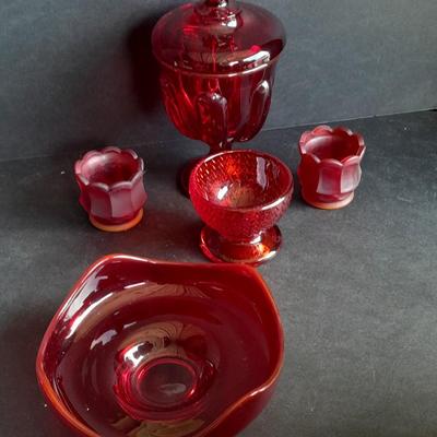 Red Glass collection, lidded candy dish, bowl, two Oshkosh Paragon candle votives, and more